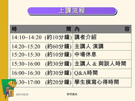 2011/02/24 管理講座 上課流程上課流程 時間內容 14:10~14:20 ( 約 10 分鐘 ) 講者介紹 14:20~15:20 ( 約 60 分鐘 ) 主講人 演講 15:20~15:30 ( 約 10 分鐘 ) 中場休息 15:30~16:00 ( 約 30 分鐘 ) 主講人 & 與談人時間.