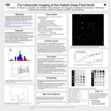 Observations Far-Ultraviolet Imaging of the Hubble Deep Field North H. I. Teplitz 1, T.M. Brown 2, C. Conselice 3, D.F. de Mello 4,5,6, M.E. Dickinson.