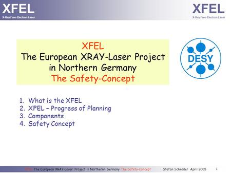 XFEL The European XRAY-Laser Project in Northernn Germany The Safety-Concept Stefan Schrader April 2005 XFEL X-Ray Free-Electron Laser XFEL X-Ray Free-Electron.