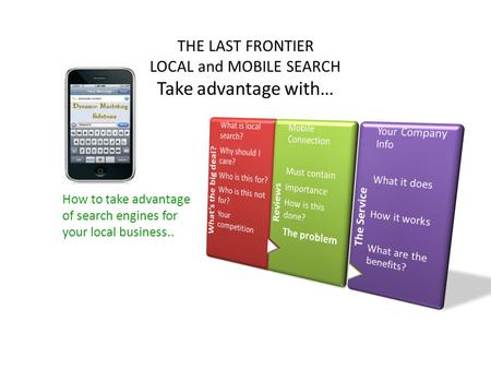 How to take advantage of search engines for your local business.. THE LAST FRONTIER LOCAL and MOBILE SEARCH Take advantage with…