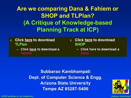 ICAPS workshop on the Competition Subbarao Kambhampati Are we comparing Dana & Fahiem or SHOP and TLPlan? (A Critique of Knowledge-based Planning Track.