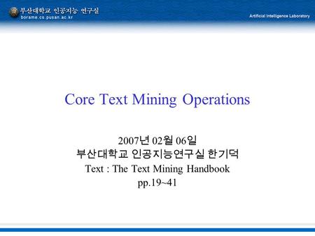 Core Text Mining Operations 2007 년 02 월 06 일 부산대학교 인공지능연구실 한기덕 Text : The Text Mining Handbook pp.19~41.