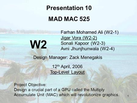 1 Farhan Mohamed Ali (W2-1) Jigar Vora (W2-2) Sonali Kapoor (W2-3) Avni Jhunjhunwala (W2-4) Presentation 10 MAD MAC 525 12 th April, 2006 Top-Level Layout.