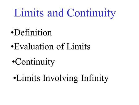 Limits and Continuity Definition Evaluation of Limits Continuity