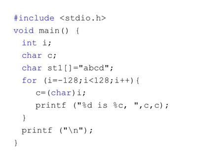 #include void main() { int i; char c; char st1[]=abcd; for (i=-128;i