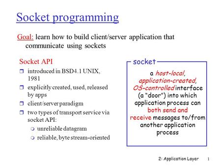 2: Application Layer1 Socket programming Socket API r introduced in BSD4.1 UNIX, 1981 r explicitly created, used, released by apps r client/server paradigm.