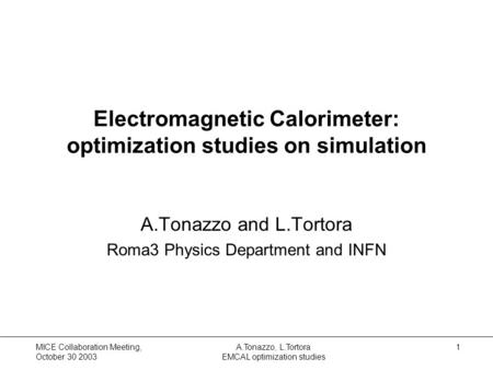 MICE Collaboration Meeting, October 30 2003 A.Tonazzo, L.Tortora EMCAL optimization studies 1 Electromagnetic Calorimeter: optimization studies on simulation.