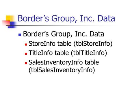 Border’s Group, Inc. Data StoreInfo table (tblStoreInfo) TitleInfo table (tblTitleInfo) SalesInventoryInfo table (tblSalesInventoryInfo)