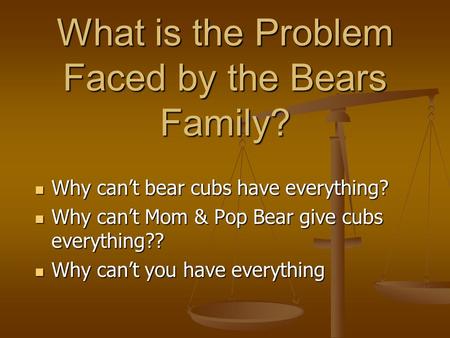 What is the Problem Faced by the Bears Family? Why can’t bear cubs have everything? Why can’t bear cubs have everything? Why can’t Mom & Pop Bear give.