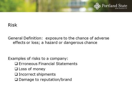 Risk General Definition: exposure to the chance of adverse effects or loss; a hazard or dangerous chance Examples of risks to a company:  Erroneous Financial.