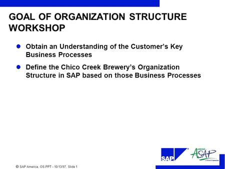 R  SAP America, OS.PPT - 10/13/97, Slide 1 GOAL OF ORGANIZATION STRUCTURE WORKSHOP Obtain an Understanding of the Customer’s Key Business Processes Define.