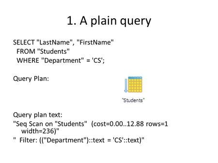 1. A plain query SELECT LastName, FirstName FROM Students WHERE Department = 'CS'; Query Plan: Query plan text: Seq Scan on Students (cost=0.00..12.88.