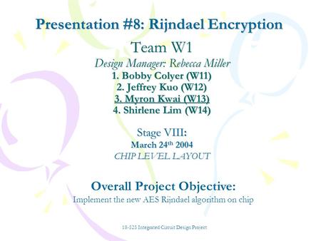 Team W1 Design Manager: Rebecca Miller 1. Bobby Colyer (W11) 2. Jeffrey Kuo (W12) 3. Myron Kwai (W13) 4. Shirlene Lim (W14) Stage VIII: March 24 th 2004.