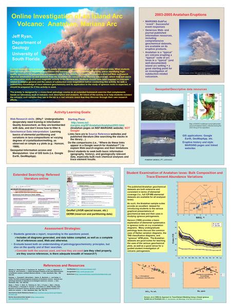 Jeff Ryan, Department of Geology University of South Florida Online Investigation of an Island Arc Volcano: Anatahan, Mariana Arc MARGINS-SubFac “event”: