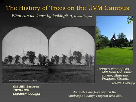 The History of Trees on the UVM Campus Today’s view of Old Mill from the same corner, Main and Prospect Streets. LS02854_001.jpg Old Mill between 1870-1881.