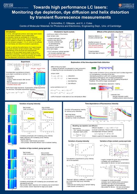 Towards high performance LC lasers: Monitoring dye depletion, dye diffusion and helix distortion by transient fluorescence measurements J. Schmidtke, C.