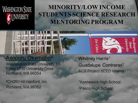 MINORITY/LOW INCOME STUDENTS SCIENCE RESEARCH MENTORING PROGRAM Asopuru Okemgbo a Washington State University Tri- Cities 2710 University Drive Richland,