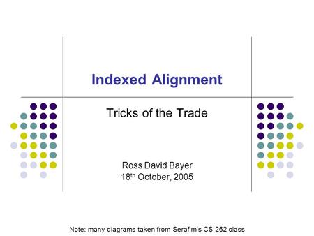 Indexed Alignment Tricks of the Trade Ross David Bayer 18 th October, 2005 Note: many diagrams taken from Serafim’s CS 262 class.