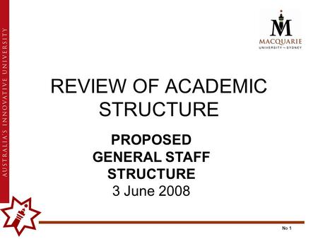 No 1 REVIEW OF ACADEMIC STRUCTURE PROPOSED GENERAL STAFF STRUCTURE 3 June 2008.