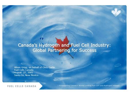 1 Canada’s Hydrogen and Fuel Cell Industry: Global Partnering for Success Alison Grigg, on behalf of Chris Curtis Fuel Cells Canada August 27, 2005 Santa.