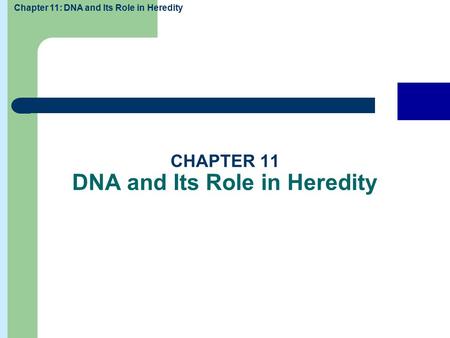 Chapter 11: DNA and Its Role in Heredity Exit Next Previous Home Discussion topics Chapter summaries CHAPTER 11 DNA and Its Role in Heredity.