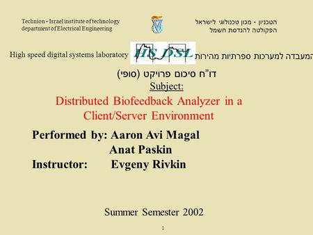 Performed by: Aaron Avi Magal Anat Paskin Instructor: Evgeny Rivkin המעבדה למערכות ספרתיות מהירות High speed digital systems laboratory הטכניון - מכון.