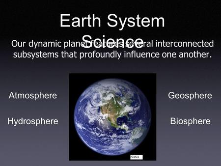 Earth System Science Our dynamic planet features several interconnected subsystems that profoundly influence one another. Geosphere Atmosphere Hydrosphere.