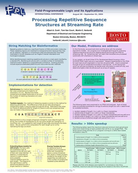 Field-Programmable Logic and its Applications INTERNATIONAL CONFERENCE August 30 – September 01, 2004 Albert A. Conti, Tom Van Court, Martin C. Herbordt.