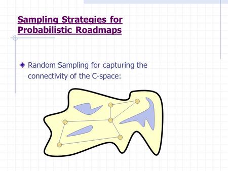 Sampling Strategies for Probabilistic Roadmaps Random Sampling for capturing the connectivity of the C-space: