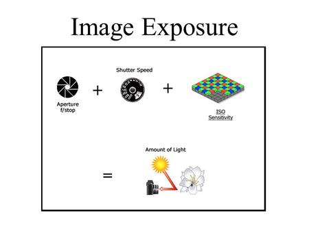 Image Exposure. Exposure Exposure = Intensity of Light (X) Time Intensity = is controlled by the aperture (f/stop) Time = is controlled by the shutter.