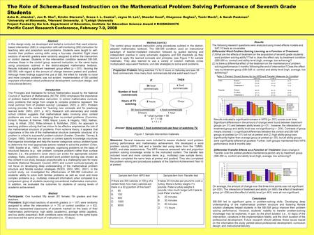 The Role of Schema-Based Instruction on the Mathematical Problem Solving Performance of Seventh Grade Students Asha K. Jitendra 1, Jon R. Star 2, Kristin.