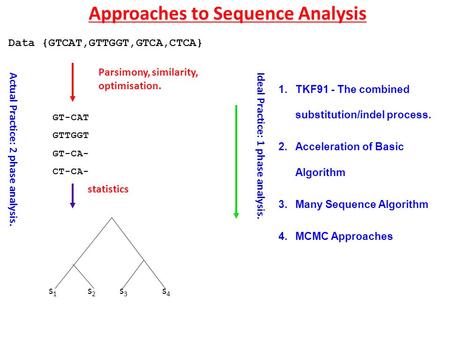 Approaches to Sequence Analysis s2s2 s3s3 s4s4 s1s1 statistics GT-CAT GTTGGT GT-CA- CT-CA- Parsimony, similarity, optimisation. Data {GTCAT,GTTGGT,GTCA,CTCA}