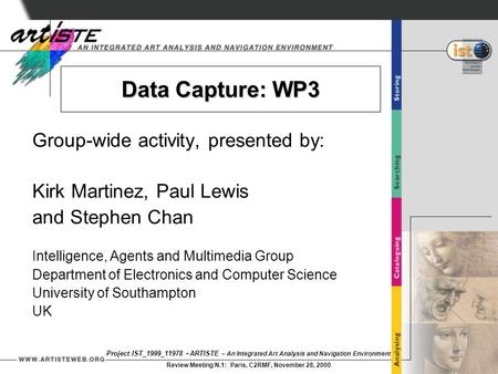 Project IST_1999_11978 - ARTISTE – An Integrated Art Analysis and Navigation Environment Review Meeting N.1: Paris, C2RMF, November 28, 2000 Data Capture: