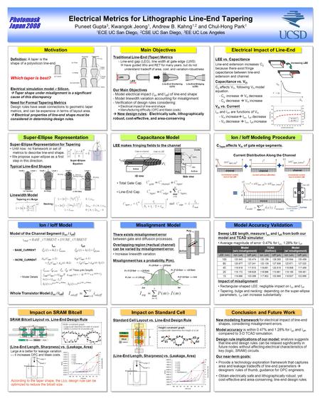 April 16th, 2008 1 1 3 3 2 2 4 4 6 6 5 5 7 7 9 9 8 8 10 12 11 Photomask Japan 2008 Electrical Metrics for Lithographic Line-End Tapering Puneet Gupta 3,