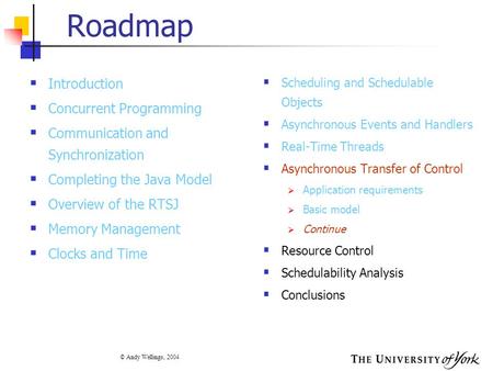 © Andy Wellings, 2004 Roadmap  Introduction  Concurrent Programming  Communication and Synchronization  Completing the Java Model  Overview of the.