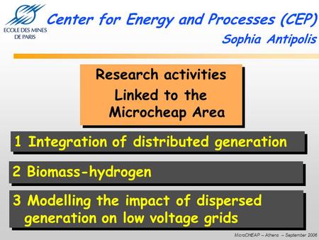 MicroCHEAP – Athens – September 2006 Center for Energy and Processes (CEP) Sophia Antipolis 1 Integration of distributed generation 2 Biomass-hydrogen.