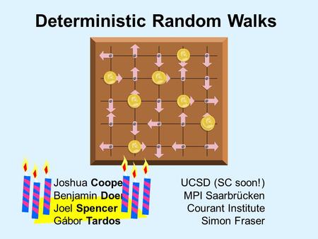 Joshua Cooper Benjamin Doerr Joel Spencer Gábor Tardos Deterministic Random Walks UCSD (SC soon!) MPI Saarbrücken Courant Institute Simon Fraser.