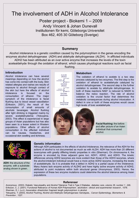 The involvement of ADH in Alcohol Intolerance Poster project - Biokemi 1 – 2009 Andy Vincent & Johan Dunevall Institutionen för kemi, Göteborgs Universitet.