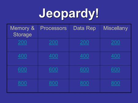 Jeopardy! Memory & Storage ProcessorsData RepMiscellany 200 400 600 800.