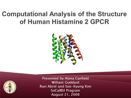 Presented by Alana Canfield William Goddard Ravi Abrol and Soo-Kyung Kim SoCalBSI Program August 21, 2008 Computational Analysis of the Structure of Human.