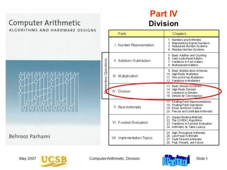 May 2007Computer Arithmetic, DivisionSlide 1 Part IV Division.