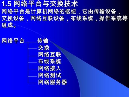 1.5 网络平台与交换技术 网络平台是计算机网络的枢纽，它由传输设备， 交换设备，网络互联设备，布线系统，操作系统等 组成。 网络平台 传输 交换 网络互联 布线系统 网络接入 网络测试 网络服务器.