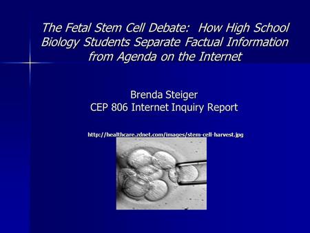 The Fetal Stem Cell Debate: How High School Biology Students Separate Factual Information from Agenda on the Internet Brenda Steiger CEP 806 Internet Inquiry.