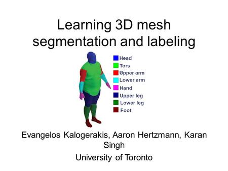 Learning 3D mesh segmentation and labeling Evangelos Kalogerakis, Aaron Hertzmann, Karan Singh University of Toronto Head Tors o Upper arm Lower arm Hand.