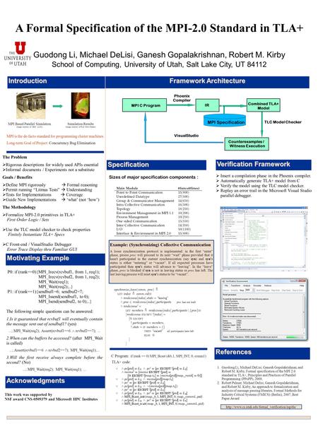 The Problem  Rigorous descriptions for widely used APIs essential  Informal documents / Experiments not a substitute Goals / Benefits  Define MPI rigorously.