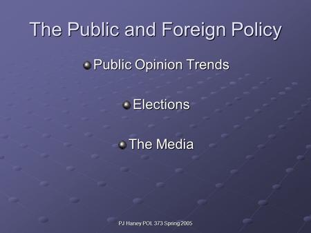 PJ Haney POL 373 Spring 2005 The Public and Foreign Policy Public Opinion Trends Elections The Media.