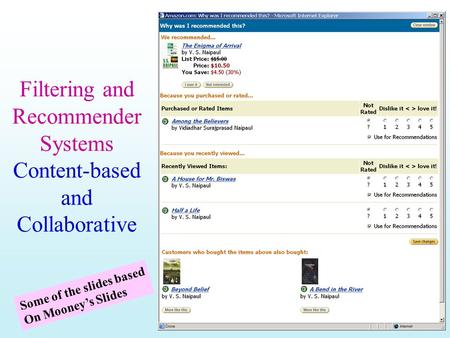 Filtering and Recommender Systems Content-based and Collaborative