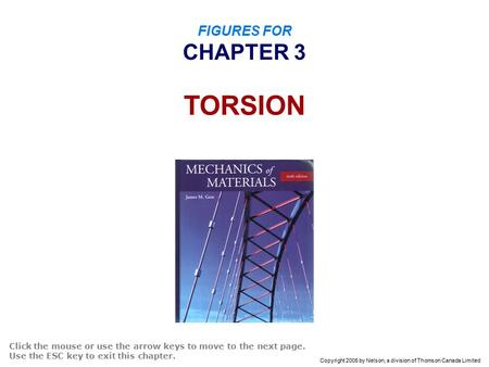 Copyright 2005 by Nelson, a division of Thomson Canada Limited FIGURES FOR CHAPTER 3 TORSION Click the mouse or use the arrow keys to move to the next.