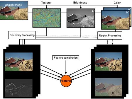 Color a* b* Brightness L* Texture Original Image Features Feature combination E D 22 Boundary Processing Textons A B C A B C 22 Region Processing.