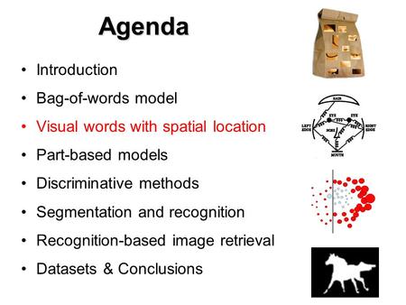 Agenda Introduction Bag-of-words model Visual words with spatial location Part-based models Discriminative methods Segmentation and recognition Recognition-based.